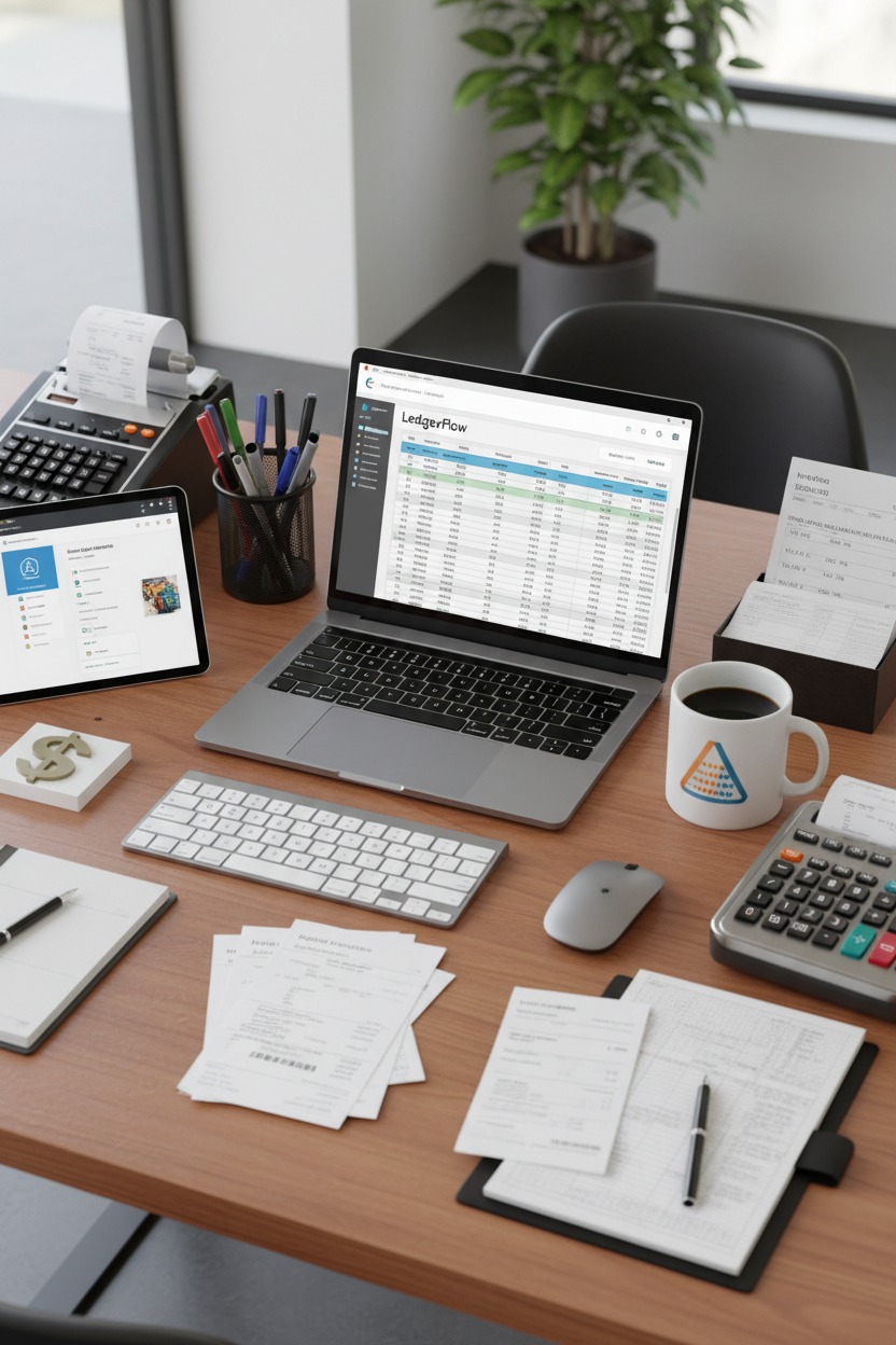A laptop displaying financial data sits on a wooden desk surrounded by office supplies, including a tablet, a calculator, receipts, and a coffee mug.