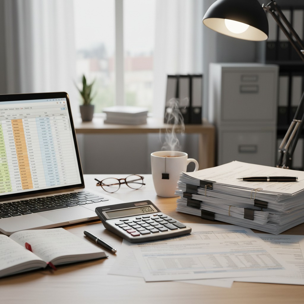A desk workspace features a laptop displaying a spreadsheet, a calculator, a stack of documents, and a steaming cup of coffee.
