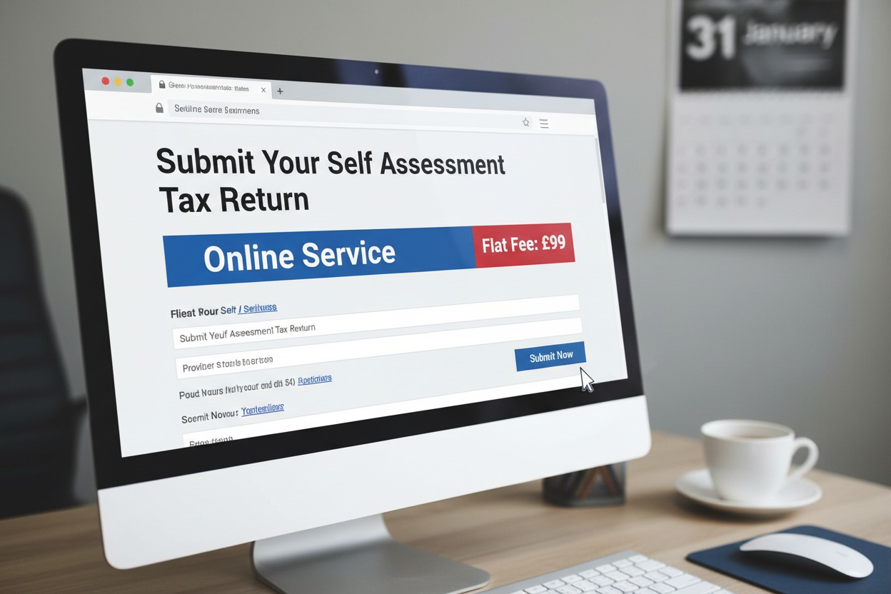 A computer monitor displays a website for submitting self-assessment tax returns for a flat fee of £99.