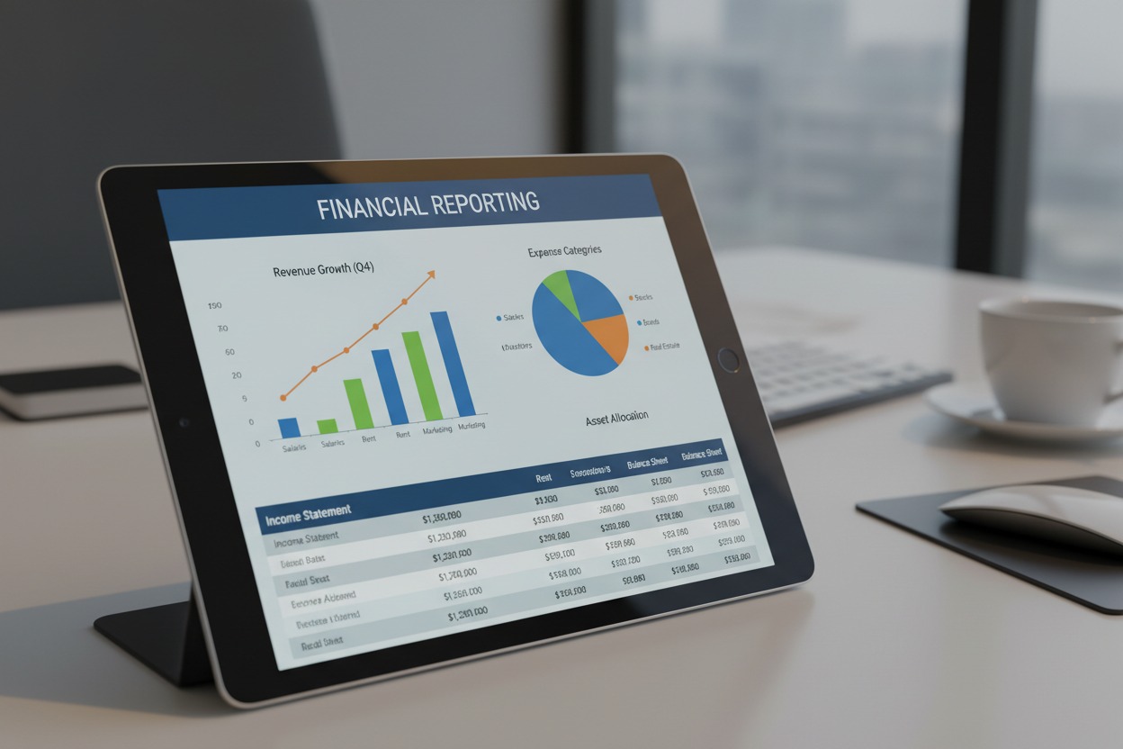 A tablet sits on an office desk displaying a financial reporting dashboard with bar charts, a pie chart, and a data table.